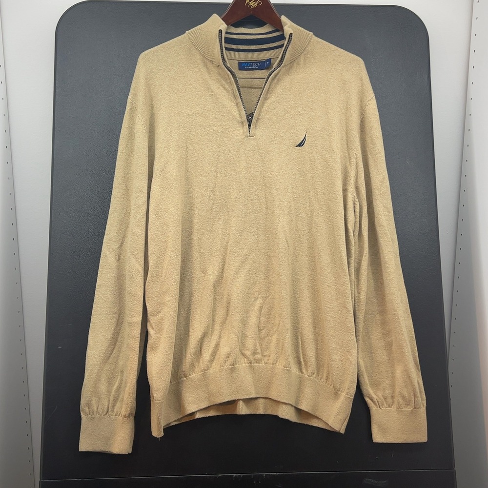 Nautica Navtech Mens XL Tan Quarter Zip Sweater Cotton Blend SR0302 Mock Neck